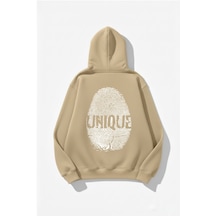 Uyguntarz Unisex Yumuşak Dokulu Unique Fingerprint Baskılı Tasarım Oversize 3 İplik Hoodie Sweatshirt Bej