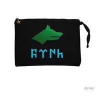 Zepplin Giyim Göktürkçe Türk Kurtlu Mavi Yeşil Siyah Clutch Astarlı Cüzdan