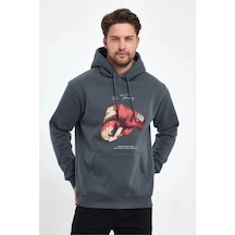 Barlashive Erkek 3 İplik Pamuklu Kapüşonlu Cepli Boks Eldiven Baskılı Hoodie Sweatshirt - Füme Çok Renkli