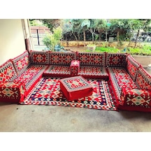 Şark Köşesi Minderi Ürgüp Desenli Kilim Orta Puf Takımı Konsept Kırmızı