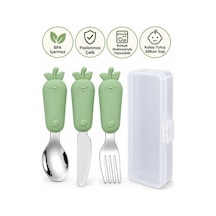 Yeşil Renk Figürlü Premium Çocuk Bpa Free Paslanmaz Çelik Uçlu Çatal-kaşık-bıçak Set 12+ Ay