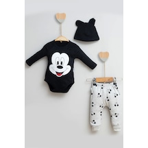 Babydonat Mickey Desenli Şapkalı 3'lü Erkek Bebek Takımı Siyah