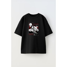 Thewert Unisex Naruto Sasuke Tasarım Baskılı Pamuk Sıyah Oversize T-shirt Siyah