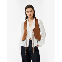 Koton Slim Fit Önden Bağlama Detaylı Fiyonklu Suni Süet Crop Yelek Açık Kahverengi 6wak20301ew Açık Kahve