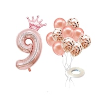 9 Rakam Rose Gold Folyo Balon, Kral Tacı Ve Konfetili Rose Gold Balon