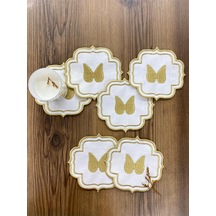 Gold Angel Linen Keten 6'lı Kokteyl Peçetesi Nakış İşlemeli Kahve Yanı Sunumluk Altın