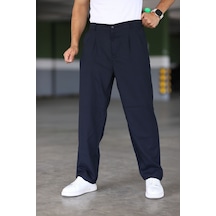 Bürke Baggy Çift Pileli Lacivert Renk Beli Lastikli Kaliteli Rahat Kesim Klasik Bol Paça Baggy Pantolon