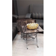 Harmony Katlanabilir Siyah Mermer Zigon 4'lü Sehpa Takım Paslanmaz Gri Metal Ayaklı Siyah Mermer