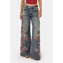 Kadın Tint 4w6-8 Palazzo Fit Özel Çiçek Nakış Tasarım Denim Jean Kırmızı