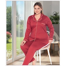 Melodi Kadın Büyük Beden %100 Pamuk Önden Düğmeli Uzun Kol Baharlık Pijama Takımı 17140- 1 Adet Bordo
