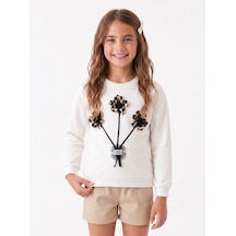 Onloox Kız Çocuk Ekru Kız Çocuk Ekru Pamuklu Bisiklet Yaka Leopar Çiçek Buketi Armalı Sweatshirt 9-14 Yaş