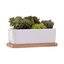 Yifomall Beyaz Seramik Dikdörtgen Saksı - Bambu Tepsi İle Minimalist Sukulent Ve Çiçek Saksısı