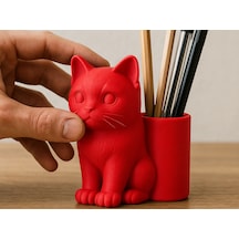 3d Baskı Kedi Figürlü Kalemlik - Masaüstü Organizer - Kırmızı Çok Renkli