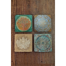 Taş Bardak Altlığı Lotus, Siri Yantra Baskılı Baskılı 4'lü Set - Stone Coasters Çok Renkli