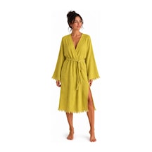 Bohemia Müslin Kimono Bornoz Püskül Detaylı Yırtmaçlı Spa & Plaj Kimonosu Yeşil