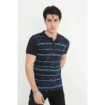 Erkek Yakalı Slim Fit Pike Çizgili T-shirt - Lacivert Lacivert