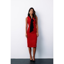 Sateen Fularlı Kolsuz Tüvit Elbise - Kırmızı-135148 Kırmızı