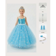 Butikhappykids Frozen Elsa Kostümü Askılı Kız Çocuk Prenses Elbisesi Taç Asa Eldiven Saç Hediyeli Mavi