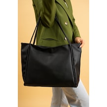 Pembe Potin İç Bölmeli Fermuarlı Çift Saplı Salaş Model Vintage Shopper Kadın Omuz Çantası Bag4299 Siyah