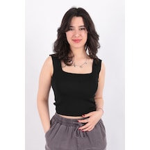 Fashion Friends 24y0327k1 Kadın Kare Yaka Fitilli Crop Örme Bluz Siyah
