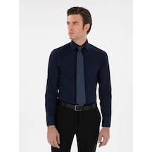 Cacharel Lacivert Slim Fit Pamuklu Yarım İtalyan Yaka Basic Gömlek