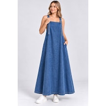 Bul-al Kadın Siyah Askılı Cep Detaylı Denim Elbise Mavi