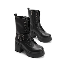 V.s.h Velvet Hayka Yüksek Tabanlı 8 Cm Tokalı Bağcıklı Kadın Siyah Bot-2558
