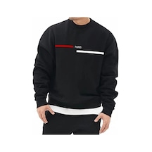 Paris Çizgili Sweatshirt - Siyah Baskılı Oversize Bisiklet Yaka Siyah
