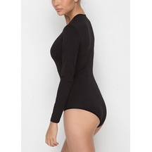 Nbb 2946 Bayan Uzun Kollu Bisiklet Yaka Çıtçıtlı Body Siyah