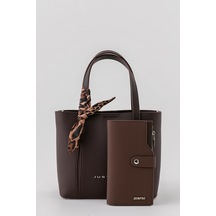 Just Polo Vena Fular Detaylı Ayarlanabilir Askılı Geniş Hacimli Kadın Omuz Ve Çapraz Çantası Ve Cüzdan Kombini Kahverengi