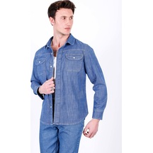 Erkek Açık Mavi Likralı Denim Regular Kalıp Düğmeli Kot Gömlek John-3020 Açik Mavi