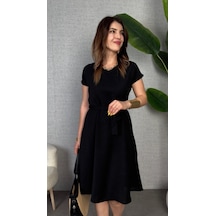 Efnaz Style Kadın Kısa Kollu V Yakalı Beli Kuşaklı Ithal Keten Elbise Siyah