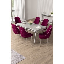 Canisa Vae Serisi 90x160 Lak Panel Beyaz Mermer Desen Krom Ayak Masa Takımı 6 Mürdüm Sandalye Beyaz Mermer Desen Masa Sandalyeler Mürdüm