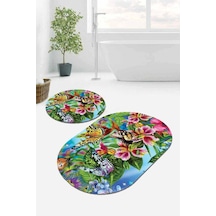Renkli Çiçekli Desen Oval Banyo Klozet Paspas Seti Bs100n11 Çok Renkli