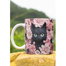 Sevimli Siyah Kedi 3d Tasarım Görünümlü Baskılı Kupa Bardak Mug Beyaz