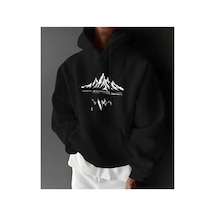 Herkesemoda Mountains Baskı Detaylı İçi Polarlı Kapüşonlu Sweatshirt Siyah