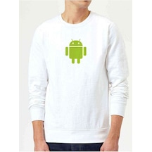 Android Logo Baskılı Beyaz Erkek Örme Sweatshirt