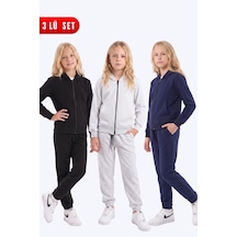 Fyk Kids Kız Çocuk 3'lü Düz Basic Fermuarlı Kapüşonlu Çift Cepli Eşofman Takımı Siyah-gri-lacivert