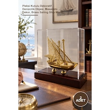 2 Adet Pirinç Yelkenli Gemi Maketi Pleksi Kutulu Dekoratif Denizcilik Objesi, Masaüstü Dekor, Brass Sailing Ship Model 1