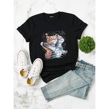Unisex Cat Titanic Baskılı Siyah T-shirt. Siyah