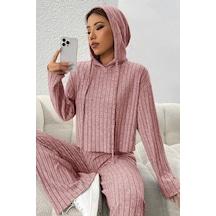 Bella Notte Siyah Fitilli Kapüşonlu Pamuklu Yumuşak Pijama Takımı Pembe