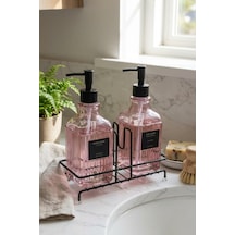 Makri Home Modern Çizgili Desenli Cam Ikili Sıvı Sabunluk & Deterjanlık Seti, Pembe- 500 Ml Cam Sabunluk