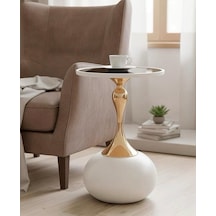 Panalı Dekoratif Yan Sehpa - Beyaz 51 X 38 Cm Beyaz - Altın