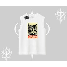 Tarzsokak Meow Yazılı Kedi Portre Baskılı Kolsuz Tshirt Beyaz