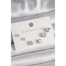 316l Çelik Gümüş Renk Zirkon Taşlı Kalp Model Kadın Küpe Seti Çok Renkli