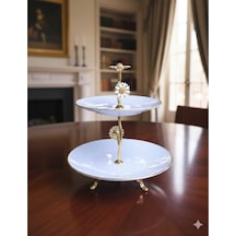 Çnr Home Collection Metal Ayakli Yaldizli Katli Porselen Sunumluk Kurabiyelik Şekerlik Beyaz