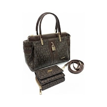 Just Polo Kadın Lüks El & Omuz Çantası Gold Detaylı Özel Tasarım Çanta Ve Uyumlu Cüzdan 22x28 Cm Kahverengi