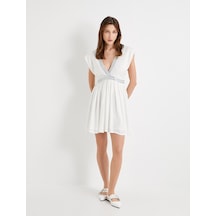 Koton Mini Viskon Elbise V Yaka Kısa Kollu Taş Detaylı Krema 4sak80074pw