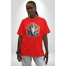 Hindu Fil Bereket Tanrısı Pamuklu Bisiklet Yaka Unisex Oversize Boyfriend Dijital Baskılı Kırmızı T-shirt Kırmızı