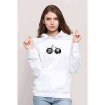 Uzay Bisiklet Baskılı Beyaz Kadın Kapşonlu Sweatshirt